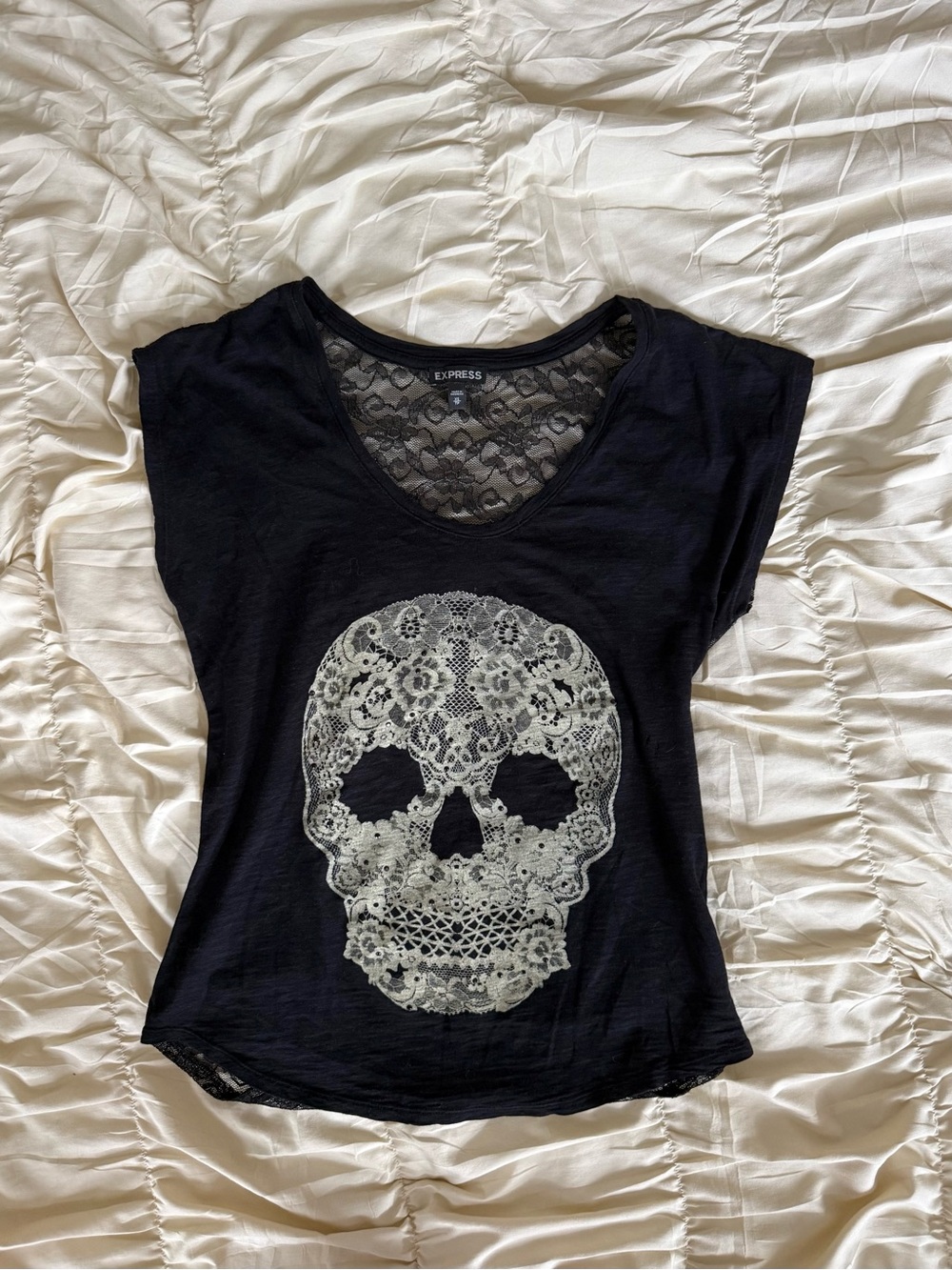 Express Black Lace-Back Skull Graphic Tee